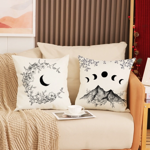 Funda de Almohada Decorativa Minimalista Fases Lunares Montañas Flores Cuadrada de Mezcla de Poliéster Lino Funda de Cojín Para Sofá Salón Decoración