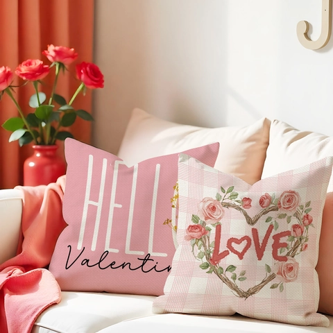 Valentijnsdag Kussensloop Polyester Linnen Decoratieve Kussenhoes Romantisch Rozenhart Liefde Patroon Voor Bank Huisdecoratie