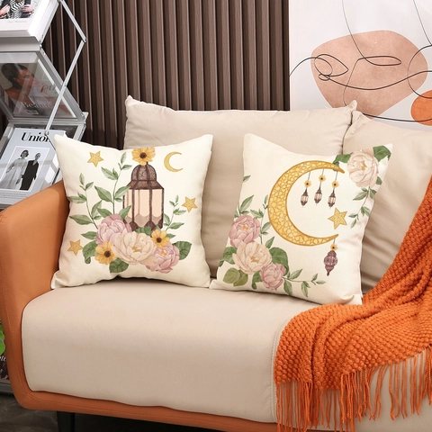 Ramadan Eid Mubarak Decorative Pillowcase Linen Look Polyester Cushion Cover Moon Lantern Floral Print For Sofa Living Room