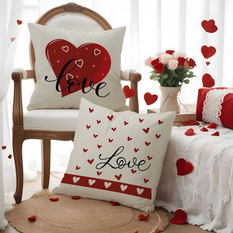 Valentijnsdag Rood Hart Kussensloop Polyester Linnen Textuur Liefde Print Vierkante Decoratieve Kussenhoes Voor Bank