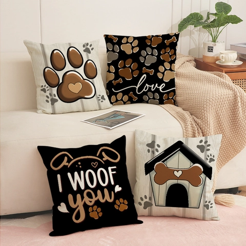 Decoratieve Vierkante Kussenhoes Linnenmix Hondenpootafdruk Love Letters Bank Woondecoratie Huisdierliefhebber