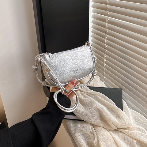 Women Lychee Pattern PU Leather Crossbody Bag Minimalist Solid Color Crescent Hobo Bag Knot Strap Casual Shoulder Bag