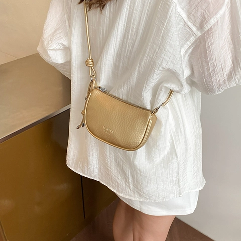 Women Lychee Pattern PU Leather Crossbody Bag Minimalist Solid Color Crescent Hobo Bag Knot Strap Casual Shoulder Bag