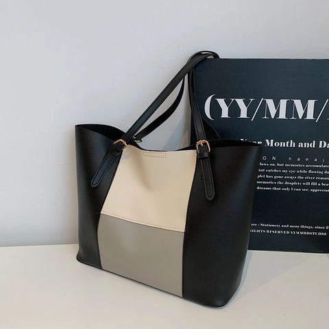 Large Capacity PU Leather Patchwork Tote Bag For Women Stylish Urban Commuting Shoulder Bag Color Block Underarm Handbag