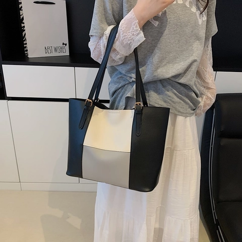 Large Capacity PU Leather Patchwork Tote Bag For Women Stylish Urban Commuting Shoulder Bag Color Block Underarm Handbag