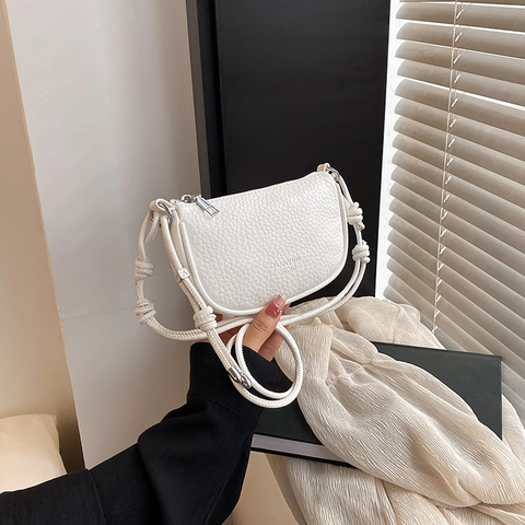 Mode Damen PU Leder Umhängetasche Lychee Muster Halbmond Kleine Handytasche Mit Geknotetem Gurt Sommer Handtasche