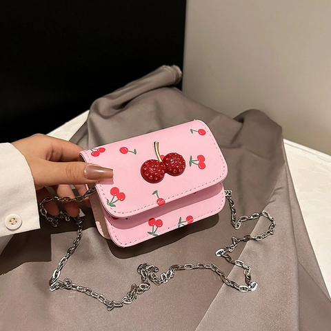 Mini Borsa A Tracolla Con Stampa Ciliegia Tessuto Oxford Pelle Sintetica Decorazione Strass 3D Catena Argento Donne