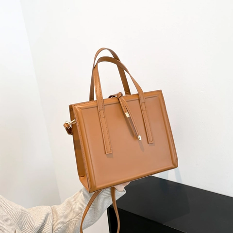 Women PU Leather Small Square Bag Double Handle Handbag Crossbody Shoulder Purse Trendy Minimalist Solid Color Casual
