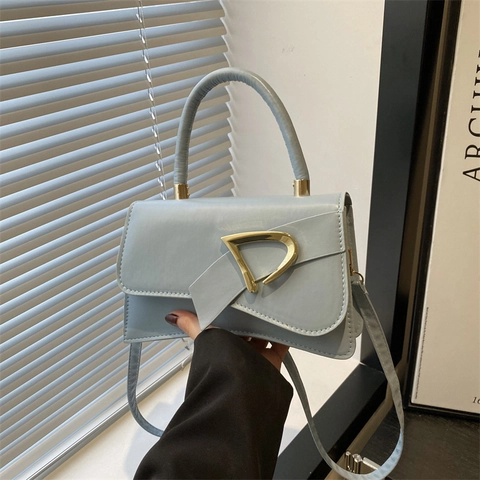 Women Fashion PU Leather Small Square Bag With D-Shaped Metal Buckle Asymmetrical Flap Handbag Shoulder Crossbody Bag