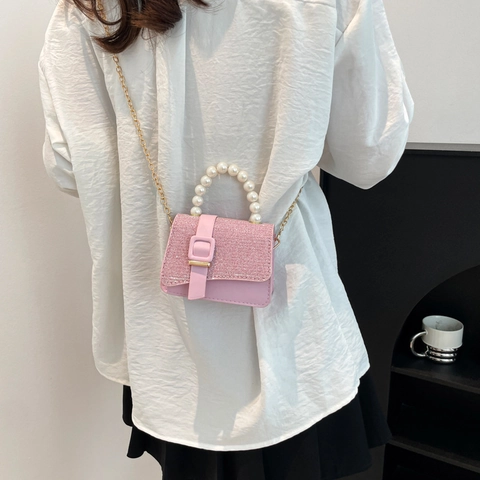 Women Mini Pearl Handle Rhinestone Crossbody Bag Fashion PU Leather Small Square Handbag Gold Chain Strap Party Shoulder Bag