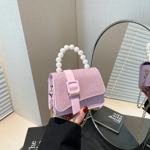 Borsa a Tracolla da Donna Con Manico di Perle e Catena in Pelle PU Glitter Mini Borsa Quadrata Elegante per Feste e Banchetti