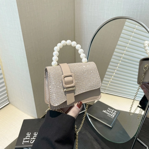 Women Mini Pearl Handle Rhinestone Crossbody Bag Fashion PU Leather Small Square Handbag Gold Chain Strap Party Shoulder Bag