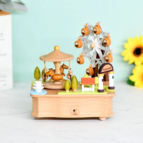 Vintage Wooden Music Box Ferris Wheel Carousel Mechanical Clockwork Musical Box Amusement Park Home Decor Birthday Gift For Kids Women