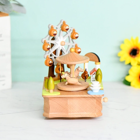 Vintage Wooden Music Box Ferris Wheel Carousel Mechanical Clockwork Musical Box Amusement Park Home Decor Birthday Gift For Kids Women