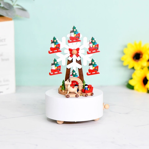 Boîte à Musique de Grande Roue de Noël en Bois Mécanisme Rotatif en Hêtre Flocon de Neige Boîte Musicale Décoration de Fête Cadeau