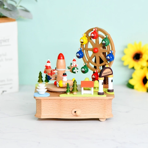 Vintage Wooden Ferris Wheel Music Box Beechwood Mechanical Wind Up Carousel Amusement Park Gift For Birthday Christmas Home Decor