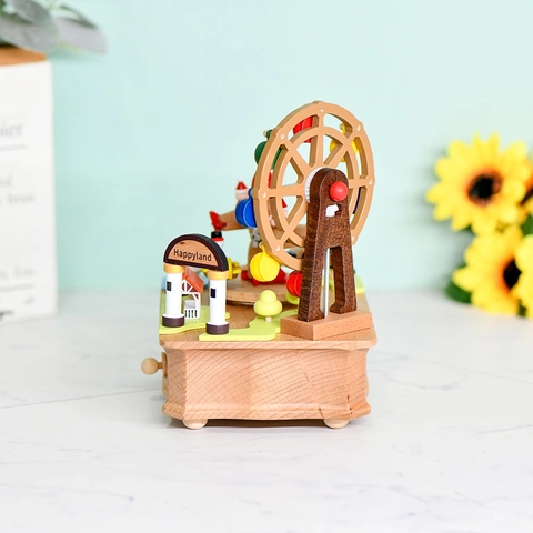 Vintage Wooden Ferris Wheel Music Box Beechwood Mechanical Wind Up Carousel Amusement Park Gift For Birthday Christmas Home Decor