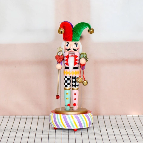 Nutcracker Clown Music Box Wooden Hand Painted Circus Figurine Festive Christmas Decoration Heart Scepter Bells