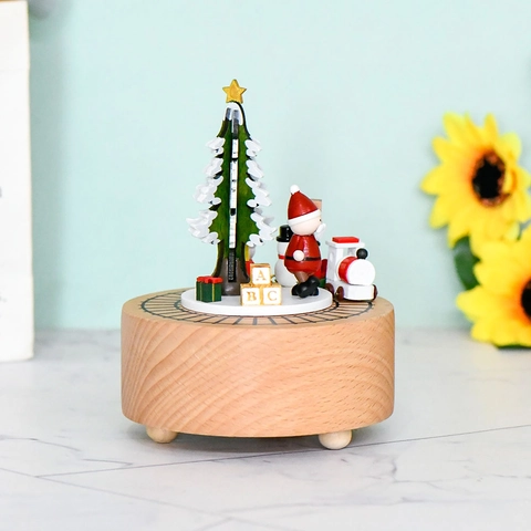 Christmas Wooden Music Box Rotating Train Santa Claus Tree Decoration Vintage Mechanical Beech Wood Musical Gift Home Decor