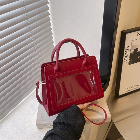 Women PU Leather Shoulder Bag Large Capacity Solid Color Handbag With Transparent Window Casual Crossbody Bag Square Bag