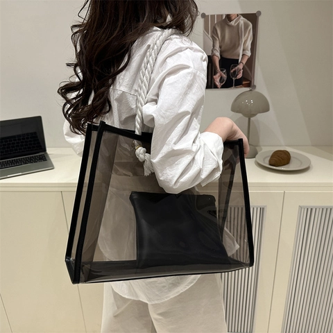 Women Large Capacity Transparent PVC Jelly Tote Bag With Inner Pouch Fashion Shoulder Bag Street Wear Cotton Rope Handle