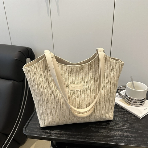 Damen Schlichte Strohgeflecht Shopper Große Kapazität Schultertasche Mit PU Ledergriff Mode Buchstaben Patch Handtasche