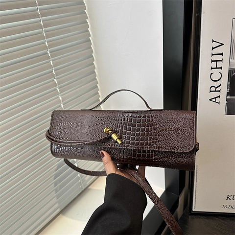 Elegante Krokodillenpatroon PU Leren Stokbrood Tas Voor Dames Vintage Metalen Knoopslot Schouder Crossbody Handtas