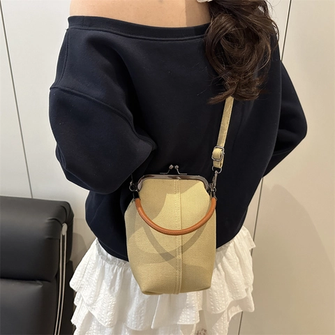 Vintage Kiss Lock Crossbody Bag Women Canvas Denim Handbag Retro Metal Frame Clasp Top Handle Small Square Satchel