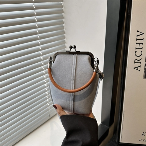 Women Vintage Canvas Denim Crossbody Bag Kiss Lock Metal Frame PU Leather Handle Small Square Shoulder Bag Daily Handbag