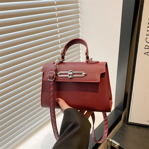 Bolso de Hombro de Cuero PU Vintage para Mujer Color Sólido Bolso de Mano Pequeño Con Decoración de Cerradura de Plata Casual Diario