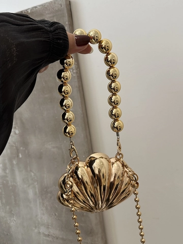 Borsa a Tracolla Mini a Forma di Conchiglia in Metallo per Donna Design Unico Oro Argento Pochette da Sera con Catena