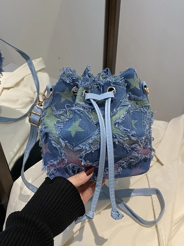 Borsa A Secchiello In Denim Vintage Motivo A Stelle Scacchi Bordo Sfrangiato Coulisse Tracolla In Pelle PU Per Donne