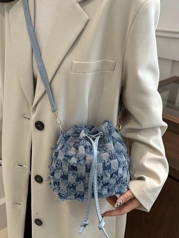Borsa A Secchiello In Denim Vintage Motivo A Stelle Scacchi Bordo Sfrangiato Coulisse Tracolla In Pelle PU Per Donne