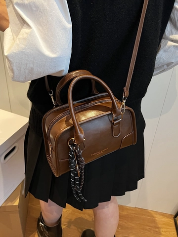 Retro Women Contrast Color Boston Handbag PU Leather Splicing Shoulder Crossbody Bag With Tennis Racket Charm Daily Commute