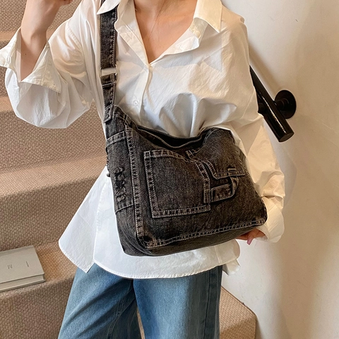 Sac à Épaule en Denim Grande Capacité Femmes Lavé Délavé Multi Poche Tote Sac Bandoulière Décontracté Avec Bandoulière Réglable Hobo Rétro