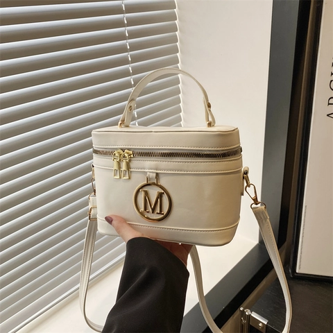 Damen Umhängetasche Box Bag PU Leder Retro Kosmetikkoffer Mit Buchstaben M Logo Griff Verstellbarer Riemen Handtasche