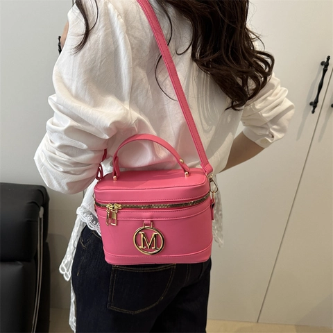 Damen Umhängetasche Box Bag PU Leder Retro Kosmetikkoffer Mit Buchstaben M Logo Griff Verstellbarer Riemen Handtasche