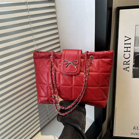 Women Quilted Chain Tote Bag Soft PU Leather Rhombus Pattern Metal Bow Large Capacity Shoulder Crossbody Bag For Daily Office