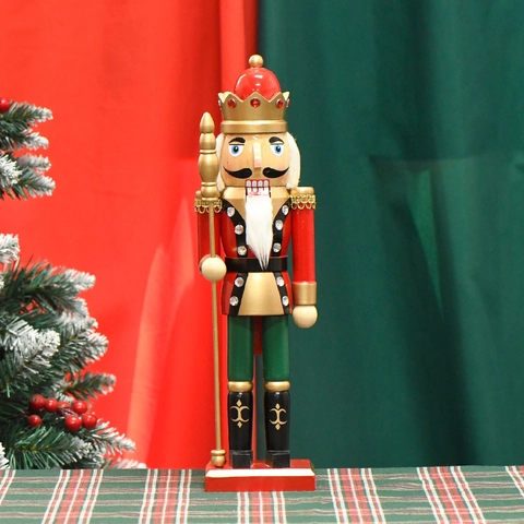 Traditional Wooden Nutcracker King Soldier Ornament With Royal Scepter Painted Christmas Desktop Decoration For Home Office Holiday Gift