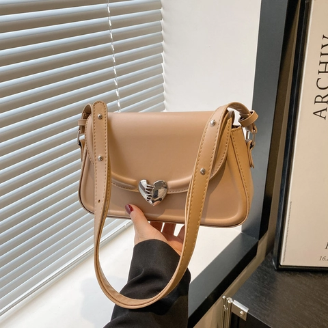 Women Shoulder Bag PU Leather Silver Heart Buckle Crossbody Adjustable Strap Flap Square Fashion Trendy Bag