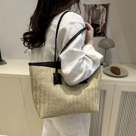Borsa Tote in Paglia Intrecciata Estiva Borsa a Tracolla da Spiaggia Casual da Donna Con Manico in Pelle PU Annodata a Mano