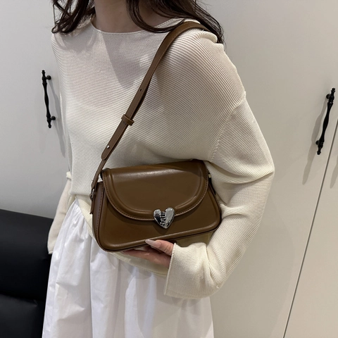 Women Shoulder Bag PU Leather Silver Heart Buckle Crossbody Adjustable Strap Flap Square Fashion Trendy Bag
