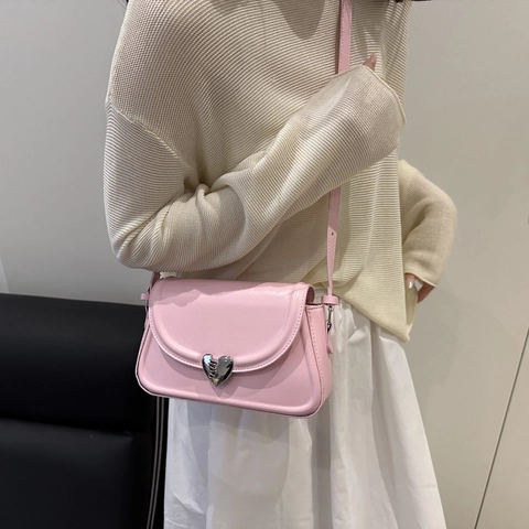 PU Leather Heart Metal Buckle Small Square Shoulder Bag For Women Minimalist Crossbody Purse Chic Stitching Handbag Daily Use