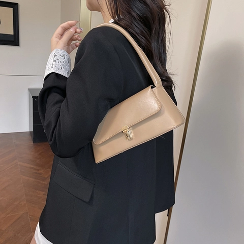 Retro Minimalistisch PU Leder Achsel Umhängetasche Für Damen Hochwertige Rechteckige Baguette Tasche Mit Metallschloss Elegante Handtasche