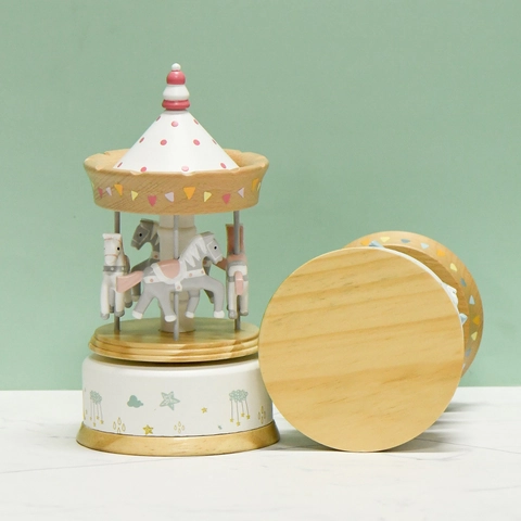 Vintage Wooden Carousel Music Box Rotating Wind Up Beech Wood Musical Box For Birthday Valentines Day Gift Kids Room Decor