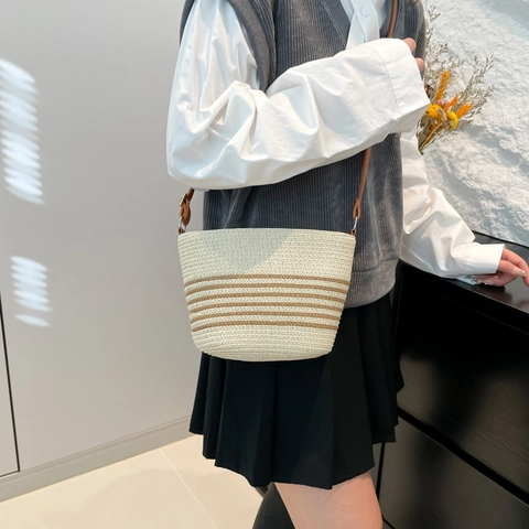 Bolso de Cubo de Paja Tejida a Rayas para Mujer Bolso Bandolera de Vacaciones en la Playa Bolso de Mano de Verano de Gran Capacidad