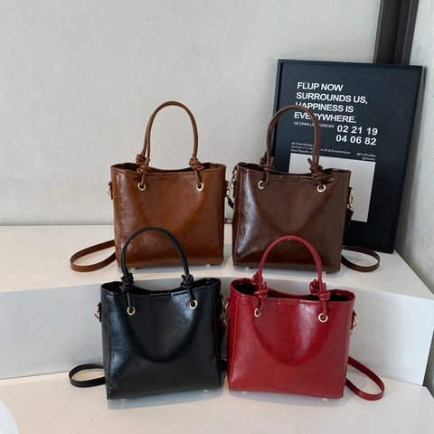 Bolso Cubo de Cuero PU Minimalista para Mujer Asa de Nudo Retro Bolso de Hombro Cruzado Moda Viaje Diario Color Sólido