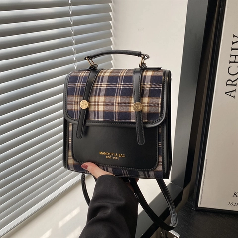 Vintage Kariert Patchwork Rucksack Für Damen Preppy Stil PU Leder Reise Umhängetasche Mit Hasenanhänger Mode Schultasche