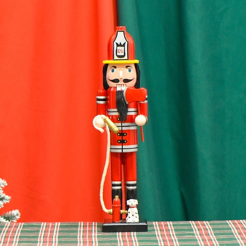 Figura De Cascanueces De Madera Bombero Con Hacha Hidrante Y Perro Dálmata Adorno Decorativo De Navidad Para Mesa