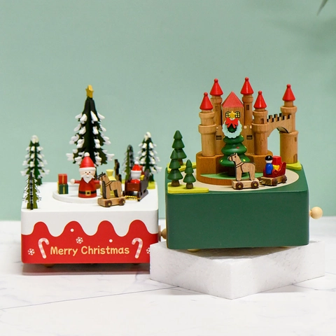 Christmas Wooden Music Box Rotating Mechanical Music Box With Santa Claus Castle Christmas Tree Micro Landscape Festive Gift